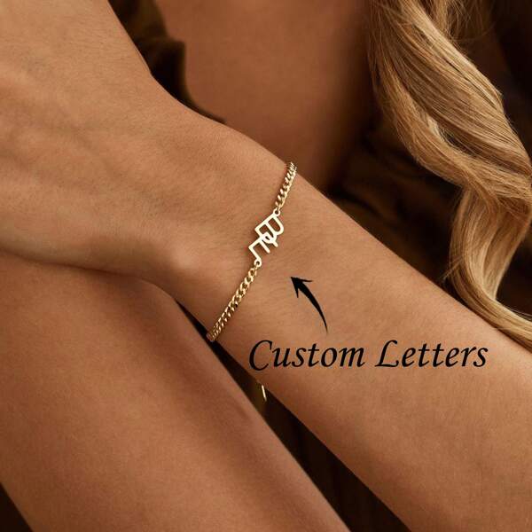 Custom 2 Letters Personalized 2 Initials Bracelet With Cuban Chain, Custom Letter Name Bracelet, Couple Bracelet, Birthday Gift For Her, Mother's Day Gift