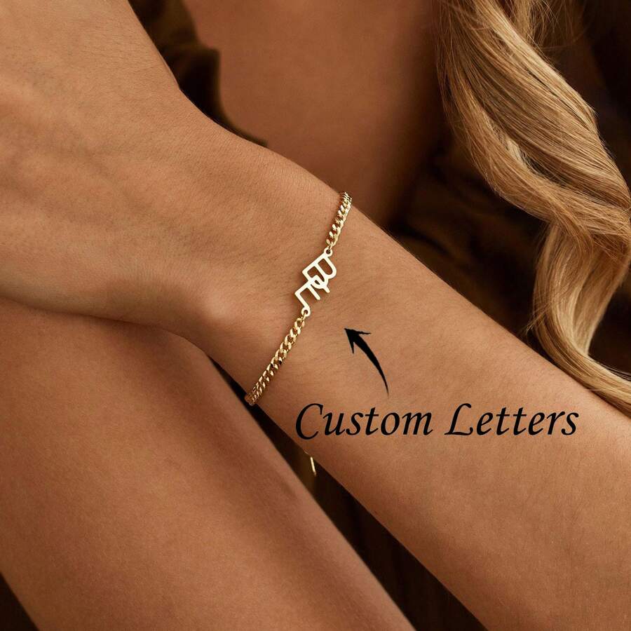 Custom 2 Letters Personalized 2 Initials Bracelet With Cuban Chain, Custom Letter Name Bracelet, Couple Bracelet, Birthday Gift For Her, Mother's Day Gift - Multicolor - View 1