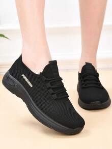 Women's Breathable Casual Shoes, Non-Slip Soft Bottom Comfortable Black Work Shoes, Flat Knitted Solid Color Round Toe Athletic Sneakers, All Season Shoes - Black and White - View 8