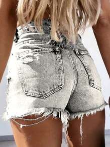 Shorts di jeans vintage lavati a vita alta con orlo grezzo e consumato, stile casual alla moda da strada e ribelle, aderenti e attillati, di colore blu chiaro