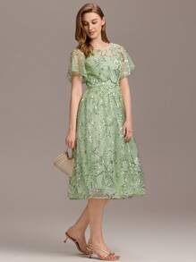 EVERPRETTY Summer Luxury Round Neck Exquisite Sequin Midi Sage Green Prom Dress Women Suitable For Weddings, Birthdays, Dinner,Party