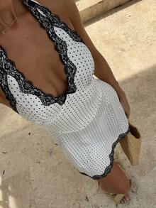 Yuwenier 优雅波点蕾丝边吊带露背无袖连衣裙 A 字飘逸连衣裙 夏季度假连衣裙 沙滩罩衫 浪漫约会之夜连衣裙 婚礼宾客连衣裙 春季派对连衣裙 女士 - 彩色 - 查看 3