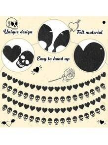 1 Set Gotischer schwarz herzförmiger Skelett Kranz Wimpel, schwarzer Filz Herzwimpel, Halloween Skelett Wimpel, geeignet für Gothik Geburtstags Party Deko - Halloween Heim Deko, Zimmer Deko, Feiertags Heim Deko und Party Hintergrund, Themenparty Deko