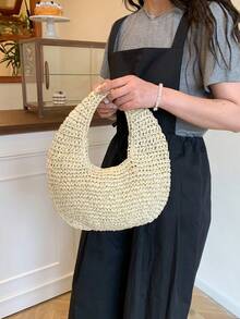 Fashionable Minimalist Handmade Woven Straw One Shoulder Tote Beach Bag For Women