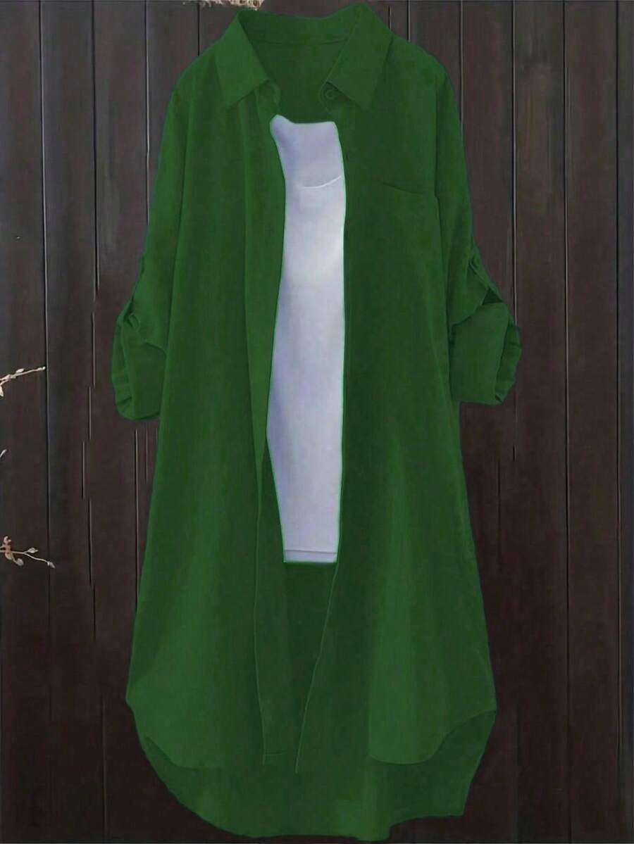 Women's Casual Solid Color Roll-Up Sleeve Blouse, Spring/Autumn - Grass Green - View 1