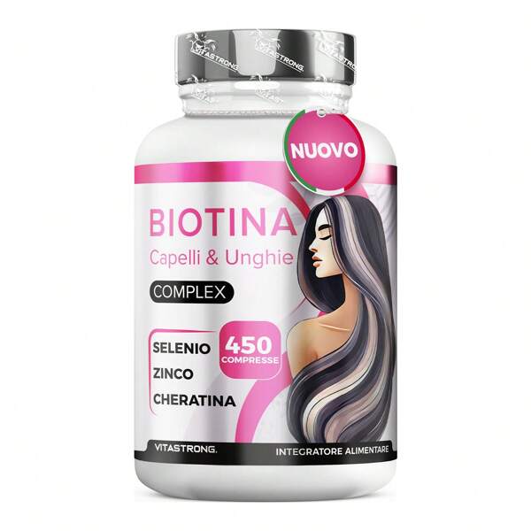 Vitastrong Biotina Capelli Alto Dosaggio – 450 Compresse (15 Mesi) con Cheratina, Selenio, Zinco, Rame, Bamboo e Vitamine per Capelli e Unghie