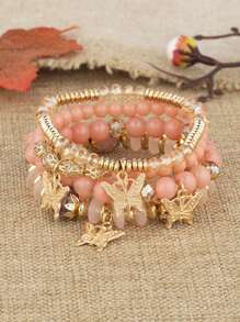 4pcs/Set Bohemian Elegant Delicate Butterfly Charm Beaded Bracelet Set, Suitable For Women's Daily Decoration