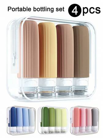 Esenciales de viaje Conjunto de 4 piezas para cosméticos Traje de viaje Loción Champú Gel de ducha Botella de manguera Botella de macaron Botella exprimible Traje de viaje Conjunto de subpaquete portátil Botella vacía Loción Champú Manguera Decoración del hogar Baño Decoración de otoño Regreso a la escuela