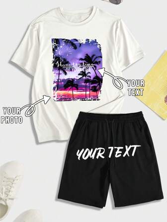 Customized 2 Pieces Set For Men: T-Shirt And Shorts, Casual, Loose Fit, Streetwear, Sportswear, Vacation, Outdoor, Spring, Summer, Autumn, Suitable For Boyfriend, Family, Friends
