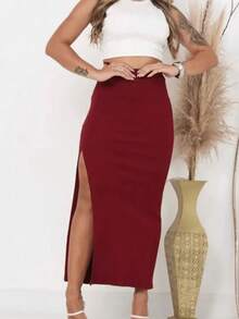 Long Skirt With Ribbed Slit - Burgundy - View 1