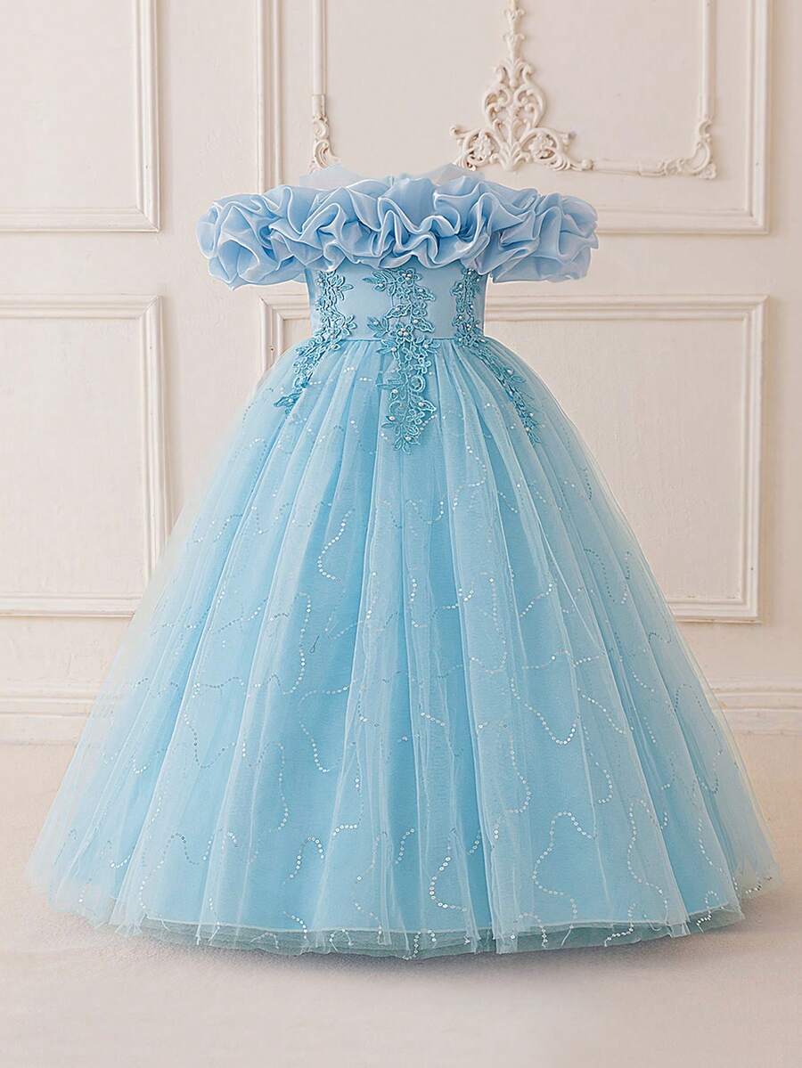 Tween Girls Ruched Off-Shoulder Pink Party Dress With 3D Floral Embroidery, Elegant Children Clothing For Birthday Party, Wedding, Graduation, Prom - Blue - View 1