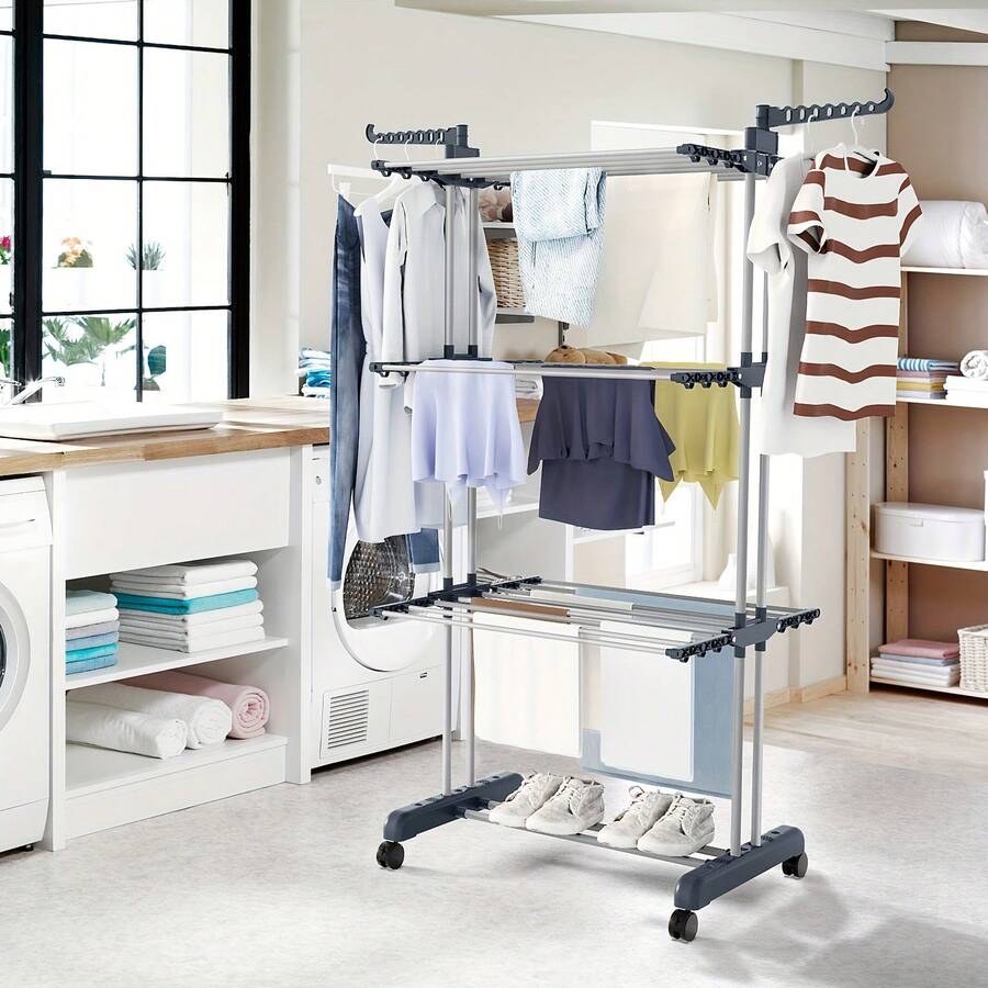 4-Tier Adjustable Rolling Clothes Drying Rack - Foldable Stainless Steel Laundry Hanger with Casters for Indoor & Outdoor Use, Large Capacity Garment Dryer, Drying Racks - Gris - Ver 1