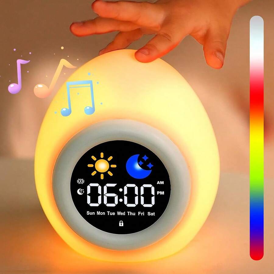 Ready To Rise 儿童睡眠训练器、儿童闹钟、一体式儿童训练器、带日月显示、鸡蛋夜灯、声音机器和唤醒闹钟的幼儿睡眠训练时钟，适合幼儿和儿童、儿童待床闹钟、儿童起床闹钟、适合儿童的礼物创意