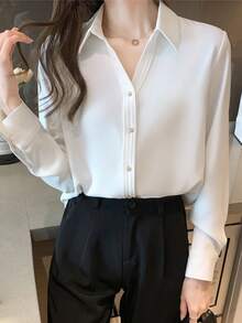 Áo sơ mi nữ dài tay màu trơn cài cúc phía trước, thanh lịch, thích hợp mặc đi làm, màu trắng cho mùa xuân/hè. - trắng - Xem 2