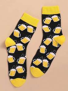 1Pair/2pairsMen Beer Pattern Crew Socks, Fall Socks - Yellow - View 4