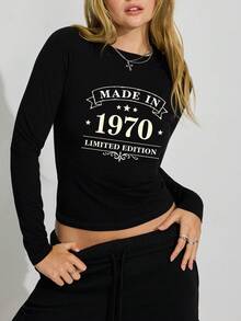 Diseño retro HECHO EN 1970 Ropa de moda de mujer de manga larga - Negro - Ver 1