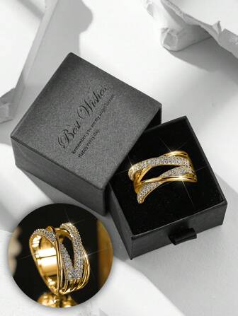 Gift Box Cubic Zirconia Swirl Line Encircled Silver Color Ring, Fashionable Jewelry For Women, Suitable For Wedding Wear, Valentine's Day Gift