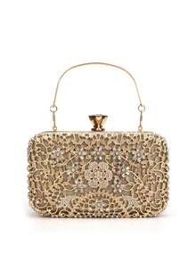 小号金色水钻装饰金属手柄手拿包，派对手提包，婚礼钱包，链条单肩包 - 金色 - 查看 5