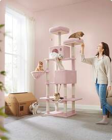 Cat Tree, 206 Cm Large Cat Tower With 13 Scratching Posts, 1 Scratching Ramp, 2 Perches, 2 Caves, Basket, Hammock, Pompoms, Multi-Level Plush Cat Condo For Indoor Cats, Jelly Pink