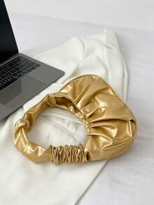 迷你纯色金属褶皱手提包，女士纯色云朵和新月设计休闲手提包