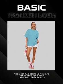 Women's Loose Fit Round Neck Short Sleeve T-Shirt, Suitable For Spring/Summer, Casual/Minimalist/Elegant/Sexy/Streetwear/Y2K Style, Can Be Paired With Office/Home/Streetwear, Cute Top, Elegant, Sexy Clubwear, Casual Summer, Summer T-Shirt, Cute Summer Top, Brunch, Casual Wear, Spring, Summer Top, Autumn, Autumn, Autumn, Back To School, Campus Wear, Back To School, Y2K Style Women's Top - Baby Blue - View 8