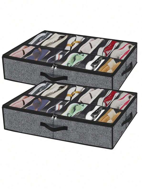 1pc 12-Grid Foldable Under-Bed Shoe Storage Box, 12 Compartment Non-Woven Dust-Proof Stackable Shoe Organizer, Space Saving & Sturdy, Made Of 2mm Thick Cardboard, Suitable For High Heels & Sneakers, 29.3 Inches, Essential Home Organization & Storage