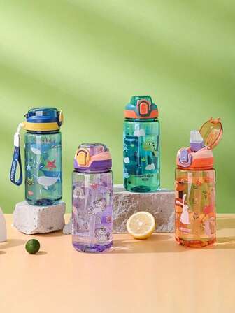 1 pieza Botella de agua de 600ml con diseño de dibujos animados, tapa a prueba de fugas, vaso de agua deportivo, botella de plástico para uso doméstico/actividades al aire libre/campamento