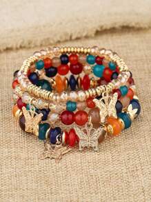 4pcs/Set Bohemian Elegant Delicate Butterfly Charm Beaded Bracelet Set, Suitable For Women's Daily Decoration