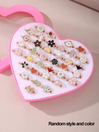 36pcs Girls Adjustable Rings Set, Assorted Alloy Heart Shaped Rings In Gift Box, Random Color