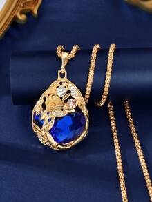 1pc Luxury Long Chain Blue Faux Gem Teardrop Pendant Necklace, Anniversary Gift Jewelry - Blue - View 4