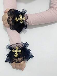 1 对女士蕾丝边假袖，春秋季轻薄卫衣/运动衫袖口延长配件，保暖腕带，情人节夏季 - 均碼 - 查看 9