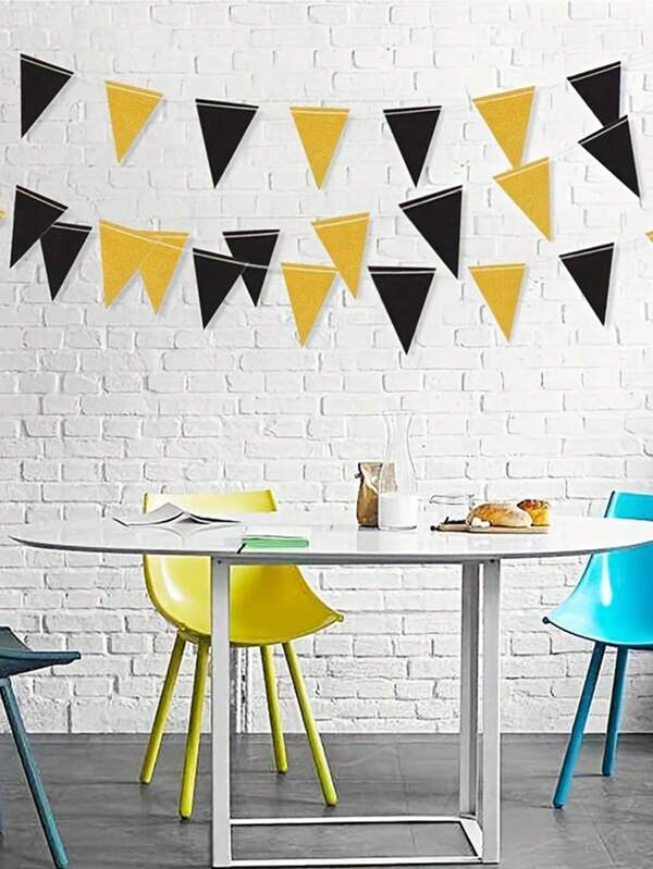 Black And Gold Party Decorations Triangle Pennant Banner Flag Metallic Fabric Bunting Garland For Birthday Graduation Anniversary ,Add A Touch Of Elegance To Your Wedding,Engagement, Eve ,Part