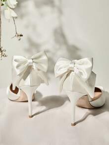 女士婚鞋，白色缎面蝴蝶结高跟鞋，细跟，镂空凉鞋，正式/新娘鞋，圣诞节冬季圣诞礼物