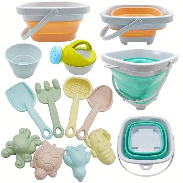11pcs Beach Toy Set, Multifunctional, Folding Bucket + Creative Sand Shovel + Fun Animal Molds, Orange And Green, Made Of ABS Material, For Parent-Child Outdoor Beach Play In Summer(Accessories Color Random)