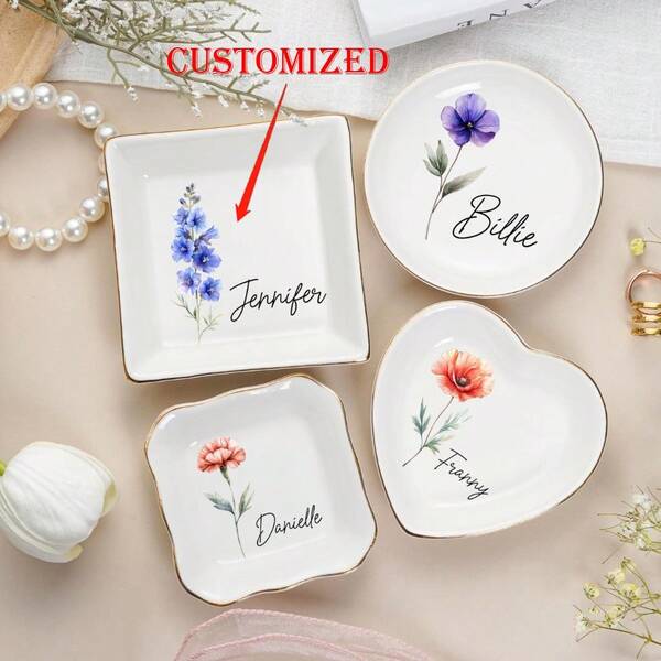1pc Custom Watercolor Flower Jewelry Ceramic Dish,Personalized Birth Flower Ring Dish,Wedding Bridesmaid Gifts,Mother's Day Gifts,Gift For Mom