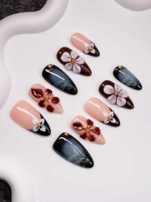 Handmade Almond-Shaped Nail Tips, Y2K Baddie Style, For Spring & Summer, Nude, Blue, Brown Colors With Carved, Rhinestone, Pearl, Steel Bead Elements, 10pcs/Pack 3 Size Options, For Party, Wedding, Daily Wear, Includes Tool Kit, Suitable Gift For Women And Girls