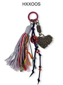 HXXOOS 1 Peça Pingente de Bolsa Estilo Boho com Borlas Coloridas para Mulheres, Pingente Retrô em Forma de Coração com Contas, Acessório DIY para Bolsas, Mochilas e Decoração de Carro de Crochê