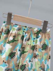 Set de 6 piezas de pijama corto con estampado de dinosaurios de dibujos animados y color de contraste, de manga corta y pantalones cortos, ropa de casa ligera de algodón para niños pequeños