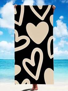 Microfiber Absorbent Quick-Dry 250gsm Creative Heart Print Microfiber Beach Towel/Mat, Suitable For Beach, Yoga, Travel, Camping, Swimming, Picnic, 27.6"X55.1" Or 35.4"X70.9" Large Beach Blanket Beach Essentials - Black - View 3