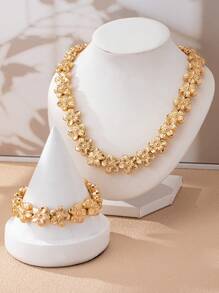 1 Set Of 2 Pieces Elegant Luxury CCB Flower & Pearl Bracelet And Necklace Set, Simple Fashion Daily Wear