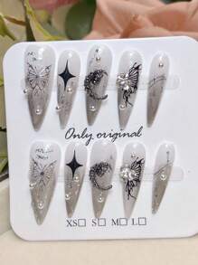 10pcs Long Pointed Nails, Pure Handmade Black, Cold Gray,Handmade Press On Nails, Smudge Liquid Hollow Metal Butterfly Nail Art, Exquisite Shiny Metal Star And Moon Crystal Diamond Nails, Full Coverage False Nails, Suitable For Parties, Dances, Four Seasons Daily Wear, Students, Office Workers, Cosplayers, Wearable, Push-On Nails