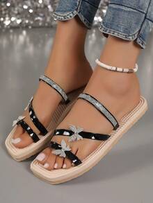 Women's Summer Versatile Silver Rhinestone - Flower Flat Sandals, Square - Toe Style, Outstanding In Social Occasions, Simple - Style Ladies' Open - Toe Sandals - Black - View 6