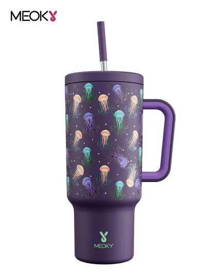 113 cl vakuumisolerad vattenflaska med sugrör och handtag, isolerad resemugg i rostfritt stål med lock och sugrör, 100 % läckagesäker, håller sig kall i 34 timmar eller varm i 10 timmar (manet som lyser i mörkret)