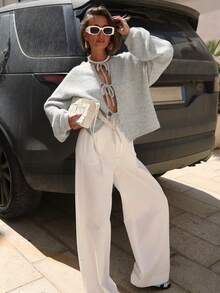 معطف نسائي كاجوال للعمل/المكتب بياقة مستديرة وأكمام طويلة وربطة عنق وكروشيه مزين بالدانتيل، جاكيت شتوية