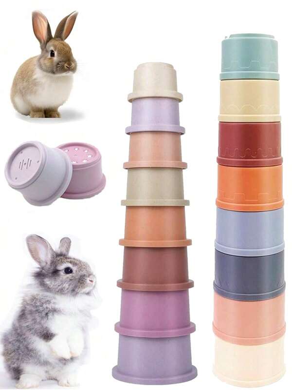 8-Piece Stacking Cups Toy For Rabbits And Hamsters, Mixed Color Plastic Nesting Cups, Cognitive And Sensory Stacking Cups Set, Rabbit Snack Cup, Hamster Toy, Intelligence Toy, Rabbit Snack Cup, Playing Intelligence Toy