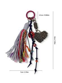 HXXOOS 1 Peça Pingente de Bolsa Estilo Boho com Borlas Coloridas para Mulheres, Pingente Retrô em Forma de Coração com Contas, Acessório DIY para Bolsas, Mochilas e Decoração de Carro de Crochê