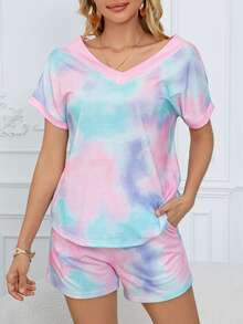 扎染休闲可爱口袋扎染休闲短裤套装，V 领短袖上衣和抽绳腰部斜口袋短裤套装，女士 4 季可穿 - 彩色 - 查看 4
