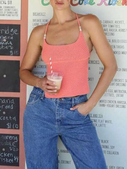 女士露背系带针织吊带背心，钩针编织细肩带吊带衫，Y2K风格无袖吊带夏季上衣，街头休闲风