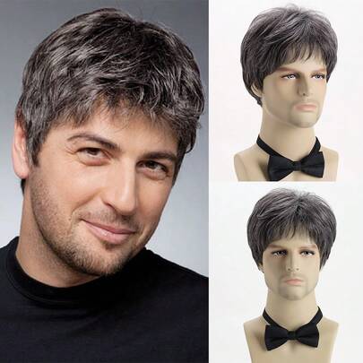 10 Inch Men's Fashionable Handsome Natural Oblique Bangs Curly Synthetic Hair Wig, Suitable For Everyday Wear