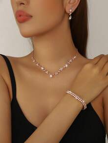 3件套简约闪耀钻石水滴项链耳环首饰套装，适合女士婚礼、生日、周年纪念派对佩戴 - 玫瑰金 - 查看 10